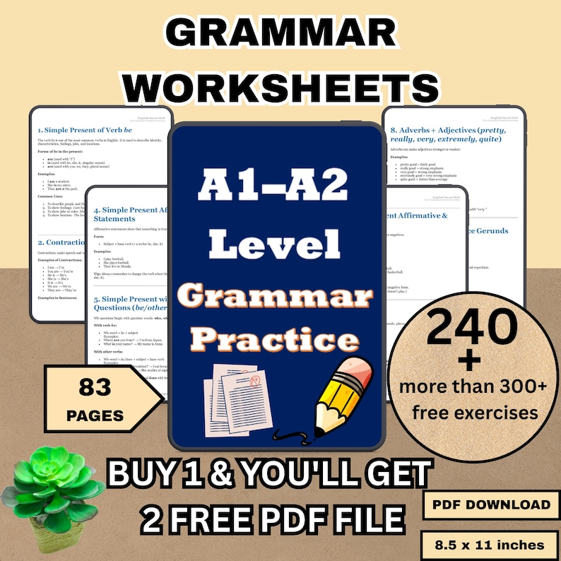 240 printable English grammar worksheets for A1-A2 beginners, PDF download for students.