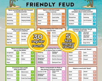 Summer Friendly Feud Game Printable | Summer Party Game | Family Reunion Activity | Beach BBQ Game | Fun Group Game for Kids ,Teens & Adults