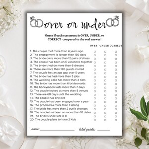 Juego de despedida de soltera "Más o menos", actividad minimalista para fiestas de boda (descarga instantánea)