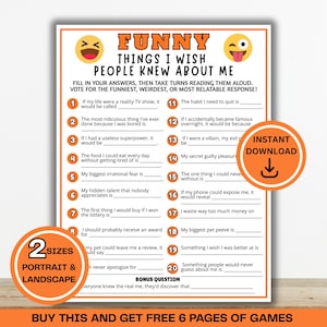 Op de afbeelding: Een wit printbaar spelblad met de titel FUNNY THINGS I WISH PEOPLE KNEW ABOUT ME met oranje randen en emoji-iconen. Het bevat twintig genummerde invulvragen, een oranje INSTANT DOWNLOAD-badge en een 2 SIZES-badge.