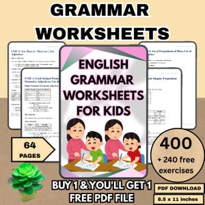 May include: English grammar worksheets for kids. The image shows a stack of worksheets with the text "English Grammar Worksheets for Kids". The image also includes the text "64 pages", "400 + 240 free exercises", and "8.5 x 11 inches".