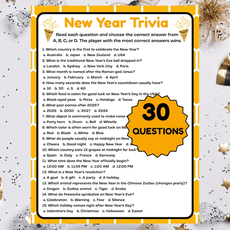 New Year Trivia Game 2026 | Printable New Year’s Eve & Day Quiz | Fun ...