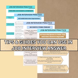 Puede incluir: Imagen educativa con consejos para la preparaci&oacute;n de entrevistas de trabajo. Muestra varias tarjetas con t&iacute;tulos como "Job Interview Practice" y "Tips & Guides You Can Use in Job Interview Answer". Las tarjetas contienen consejos, expresiones y citas.