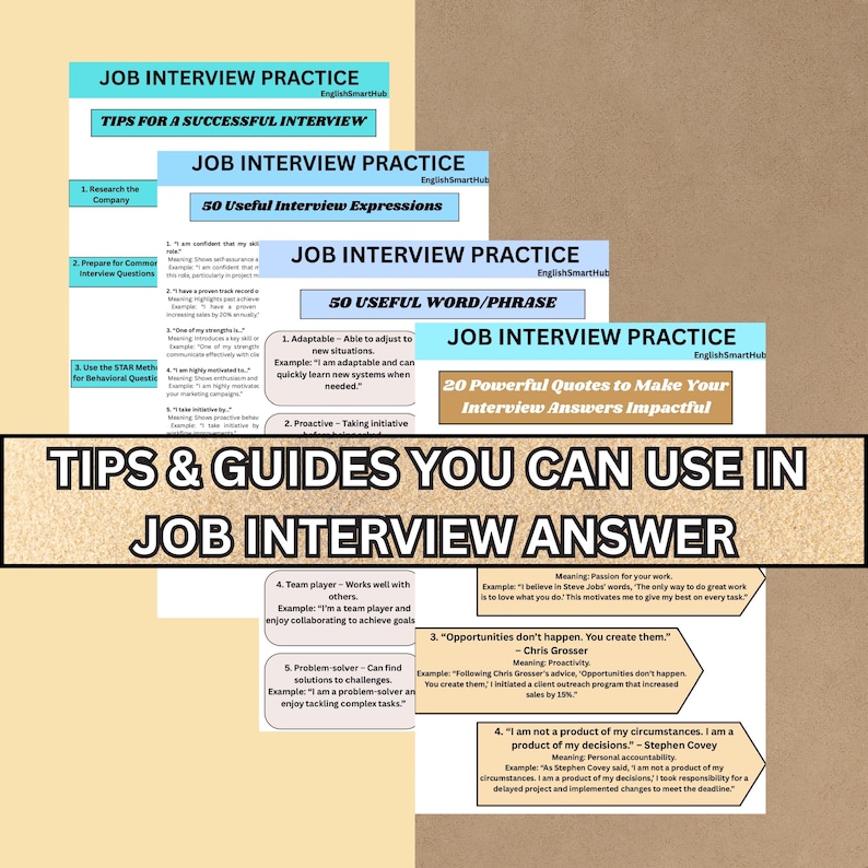 Puede incluir: Imagen educativa con consejos para la preparaci&oacute;n de entrevistas de trabajo. Muestra varias tarjetas con t&iacute;tulos como "Job Interview Practice" y "Tips & Guides You Can Use in Job Interview Answer". Las tarjetas contienen consejos, expresiones y citas.