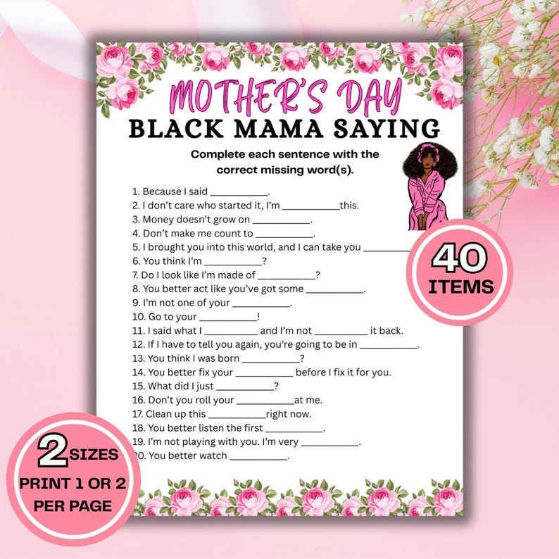 Black Mom Sayings Game | Mother’s Day Activity | Black Mama Trivia | African American Games