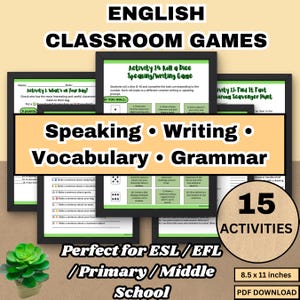 Op de afbeelding: Engelse klaslokaalspellen voor ESL/EFL-studenten. De afbeelding toont 15 activiteiten gericht op spreken, schrijven, woordenschat en grammatica. De spellen zijn ontworpen voor de basisschool en middelbare school en zijn 21,59 x 27,94 cm groot.