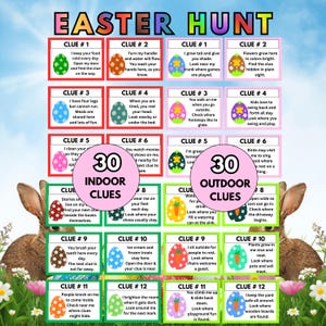 Könnte beinhalten: Ostereiersuche-Spiel mit 30 Indoor- und 30 Outdoor-Hinweisen, präsentiert auf eiförmigen Karten mit Rätseln. Enthält Hasenillustrationen und florale Akzente, ideal für Ostern.