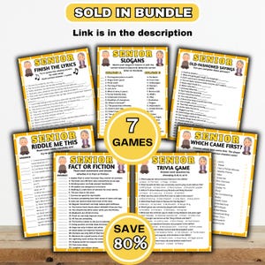 May include: A bundle of seven senior-themed games with yellow and white backgrounds. The games include trivia, riddles, and fill-in-the-blank activities. The text "SOLD IN BUNDLE" and "SAVE 80%" are displayed.