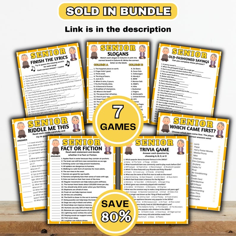 May include: A bundle of seven senior-themed games with yellow and white backgrounds. The games include trivia, riddles, and fill-in-the-blank activities. The text "SOLD IN BUNDLE" and "SAVE 80%" are displayed.
