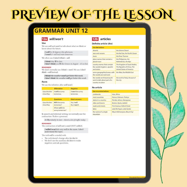 Will/won't: Used for future predictions, followed by the infinitive form of the verb. The contraction for "will not" is "won't". 
Definite article (the): Used before specific geographical names like deserts, seas, oceans, rivers, and certain country names (e.g., "the Sahara Desert," "the Pacific Ocean," "the United States of America"). 
No article: Used before continents, most countries, states, cities, roads, lakes, and single mountains (e.g., "Asia," "France," "Boston," "Lake Michigan").
