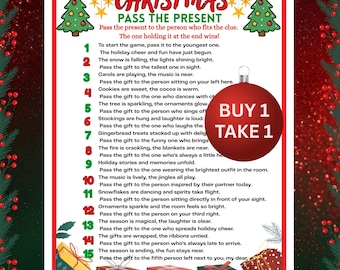 Könnte beinhalten: Ein festliches Weihnachtsspiel mit rotem Rahmen, das Hinweise zum Weitergeben eines Geschenks enthält. Der Titel "Christmas Pass the Present" steht oben, mit einem "Kaufe 1 Nimm 1"-Angebot auf einem runden Ornament. Zwei Weihnachtsbäume flankieren den Titel.