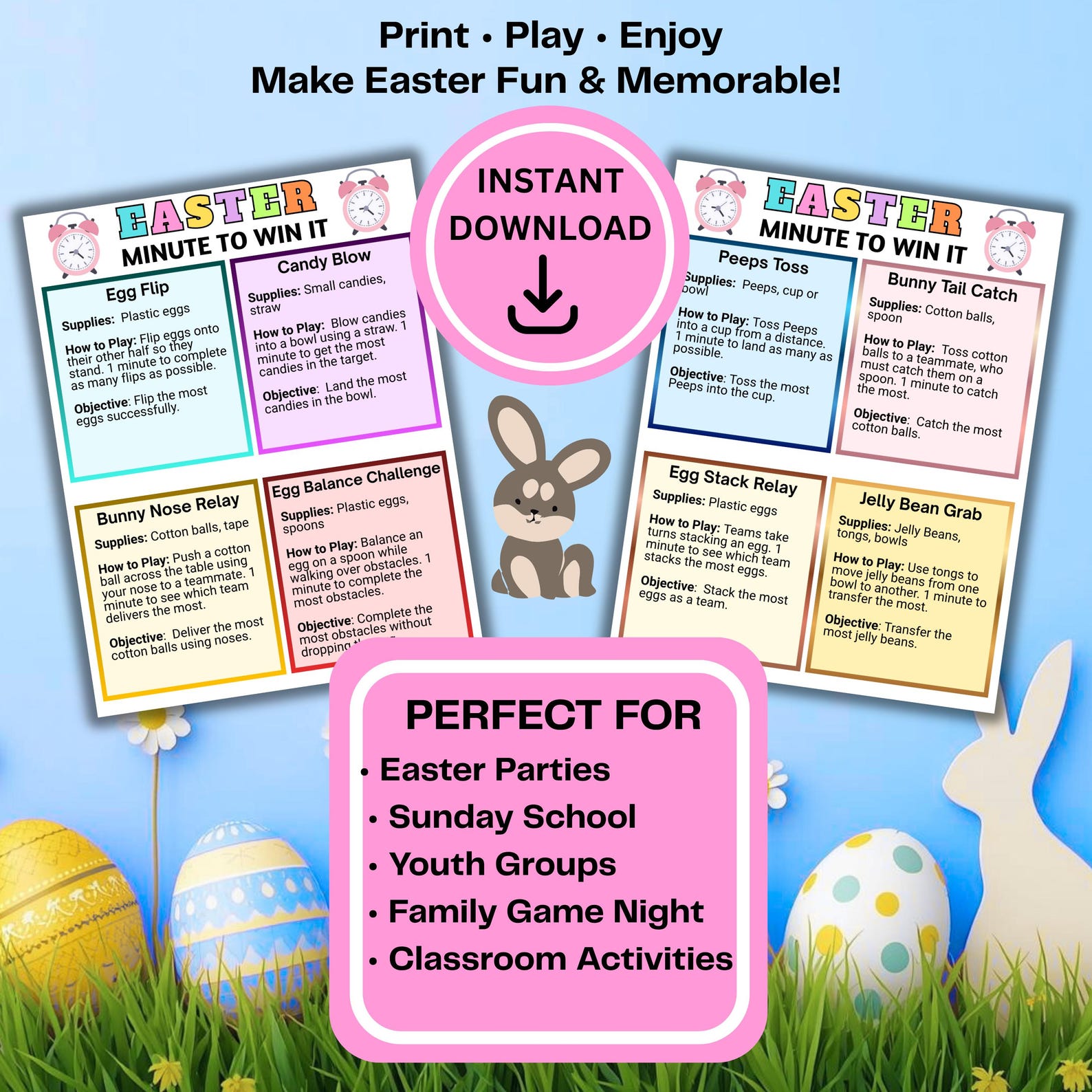 Win Win Activity Easter Minute to Win It Games Printable, Family Party Challenge ...