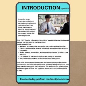 Puede incluir: Una pantalla de tel&eacute;fono inteligente muestra una gu&iacute;a titulada "Consejos para una Entrevista Exitosa". La gu&iacute;a incluye consejos sobre la preparaci&oacute;n de entrevistas, preguntas de pr&aacute;ctica y una lista de verificaci&oacute;n previa a la entrevista. La imagen tambi&eacute;n muestra a un hombre con camisa blanca y corbata.