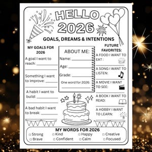 New Year Goals Worksheet for Kids & Teens | 2026 New Year Resolution Coloring Printable