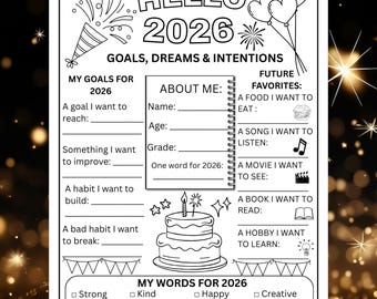 New Year Goals Worksheet for Kids & Teens | 2026 New Year Resolution Coloring Printable
