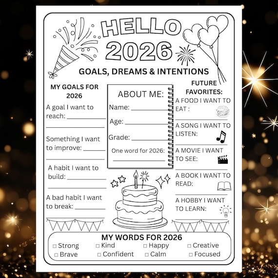 New Year Goals Worksheet for Kids & Teens | 2026 New Year Resolution Coloring Printable