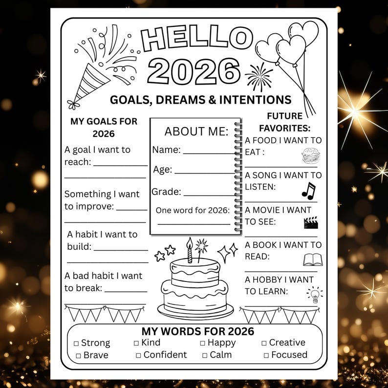 New Year Goals Worksheet for Kids & Teens | 2026 New Year Resolution Coloring Printable