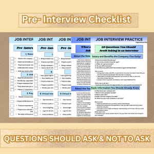 Puede incluir: Una lista de verificaci&oacute;n previa a la entrevista con secciones tituladas "Pr&aacute;ctica de entrevista de trabajo" y "Preguntas que se deben y no se deben hacer". La lista de verificaci&oacute;n incluye temas como la investigaci&oacute;n de la empresa, la preparaci&oacute;n de respuestas y preguntas sobre el puesto y el salario.