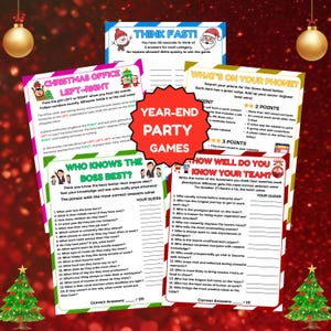 May include: A collection of year-end party games, including "Christmas Office Left-Right," "Think Fast!," "What's on Your Phone?," "Who Knows the Boss Best?," and "How Well Do You Know Your Team?" Festive holiday-themed designs.