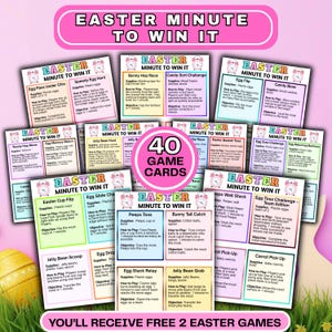 May include: A collection of 40 Easter-themed game cards with various activities like egg hunts and candy sorting. The cards are arranged on a pink background, with the words "Easter Minute to Win It" prominently displayed.
