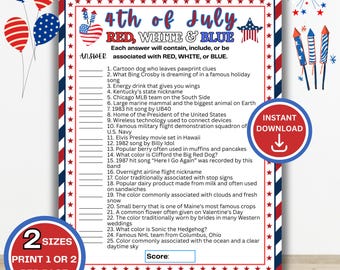 Red, White and Blue Game, 4th of July Trivia Game, Independence Day Game, Patriotic Games, Summer Games (PDF Download)