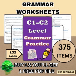 Könnte beinhalten: Ein digitales Grammatik-Übungsheft für Schüler der Niveaus C1-C2. Das Cover ist lila mit dem Text "C1-C2 Level Grammar Practice". Das Arbeitsbuch enthält 375 Elemente und 132 Seiten. Der Text "Buy 1 & You'll Get 1 Free PDF File" ist ebenfalls enthalten.