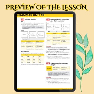 The image is a grammar unit from an English language textbook, specifically covering the present perfect tense. The present perfect tense is used for past actions without specifying when they happened. 
It is formed using the auxiliary verb have or has and the past participle of the main verb. 
The past simple is used when the time of the action is specified (e.g., last week). 
Questions about past experiences often use the structure Have you ever...?.