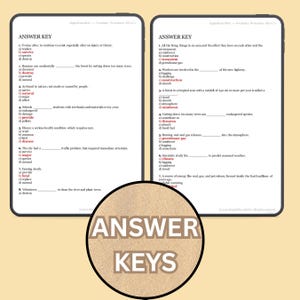 May include: Two digital worksheets with vocabulary questions and an answer key. The answer key is in a circular design with the words "ANSWER KEYS" in a bold, sans-serif font. The worksheets are on a light beige background.