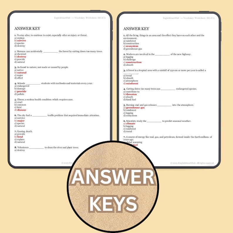 May include: Two digital worksheets with vocabulary questions and an answer key. The answer key is in a circular design with the words "ANSWER KEYS" in a bold, sans-serif font. The worksheets are on a light beige background.