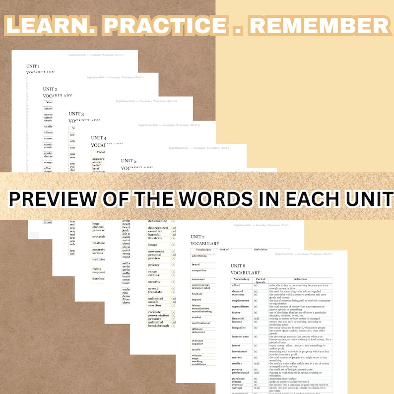 May include: A stack of vocabulary study sheets with the words "LEARN. PRACTICE. REMEMBER" at the top. The sheets are labeled with units and include vocabulary words and definitions. The phrase "PREVIEW OF THE WORDS IN EACH UNIT" is also visible.