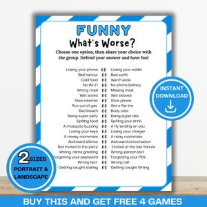 Puede incluir: Una tarjeta de juego blanca con un borde de rayas azules y blancas que presenta el título FUNNY What's Worse? y una lista de escenarios para comparar. Hay dos insignias circulares azules, una que dice INSTANT DOWNLOAD y otra que dice 2 SIZES PORTRAIT & LANDSCAPE.