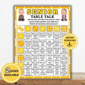 Utskrivbart spel för seniorbordssamtal | Tärningsspel för seniorer med kast och dela | Pensionsfest | Roliga samtalsstartare | Isbrytaraktivitet