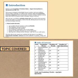 May include: A vocabulary worksheet book for upper-intermediate to advanced English learners. The book includes practical exercises, quizzes, and vocabulary related to real-life topics. The table of contents lists units on environment, climate, transport, culture, health, technology, business, and economics.