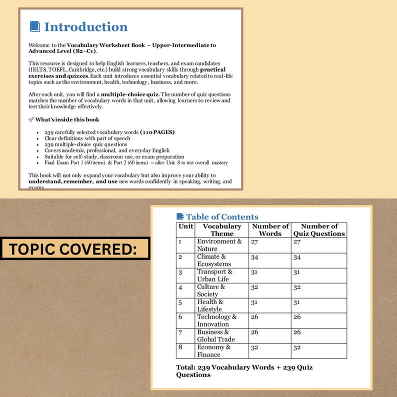 May include: A vocabulary worksheet book for upper-intermediate to advanced English learners. The book includes practical exercises, quizzes, and vocabulary related to real-life topics. The table of contents lists units on environment, climate, transport, culture, health, technology, business, and economics.