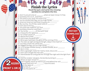 Patriotic Finish the Lyrics Game, 4 juli-partygame, patriottische trivia, patriottische liedjesquiz, Independence Day-activiteit