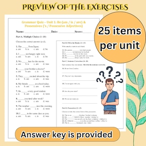 Puede incluir: Una hoja de trabajo de prueba de gram&aacute;tica con ejercicios de opci&oacute;n m&uacute;ltiple, completar y correcci&oacute;n de oraciones. La hoja de trabajo incluye el texto "PREVIEW OF THE EXERCISES" y "25 items per unit". Se proporciona la clave de respuestas.