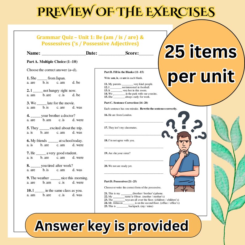 Puede incluir: Una hoja de trabajo de prueba de gram&aacute;tica con ejercicios de opci&oacute;n m&uacute;ltiple, completar y correcci&oacute;n de oraciones. La hoja de trabajo incluye el texto "PREVIEW OF THE EXERCISES" y "25 items per unit". Se proporciona la clave de respuestas.