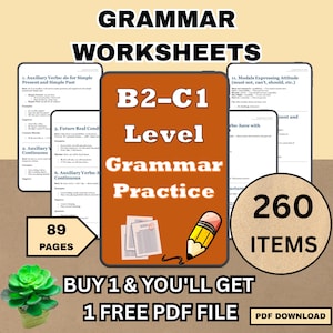 Può includere: Un set di fogli di lavoro di grammatica digitale per studenti di livello B2-C1. L'immagine mostra una raccolta di fogli di esercizi di grammatica, con il testo "Grammar Worksheets" in alto. Il set include 260 elementi e 89 pagine. L'offerta è "Acquista 1 e ottieni 1 file PDF gratuito".