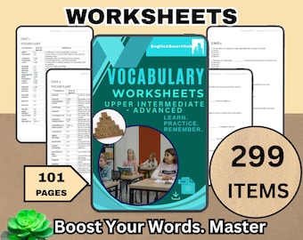 May include: A digital vocabulary worksheet set for upper intermediate to advanced learners. The cover features the text "Vocabulary Worksheets" and "Boost Your Words. Master Vocabulary Fast!" with 101 pages and 299 items. Includes a PDF download.