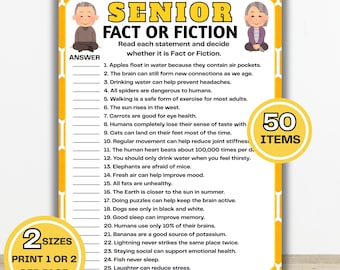 Senior Fact or Fiction Game, Trivia for Seniors, Brain Games, Printable Party Activity (PDF)