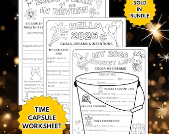 Hoja de trabajo para crear una cápsula del tiempo de Año Nuevo para niños / Resumen del año 2026 y páginas para colorear con objetivos y lista de deseos para 2027