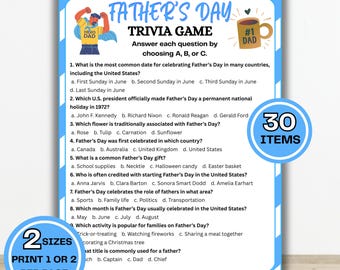 Trivia-game voor Vaderdag afdrukbaar | Triviavragen voor vader | Leuk familiefeestspel | Vaderdagactiviteit (pdf-download)