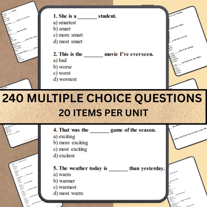 Multiple-choice questions from A1-A2 grammar worksheets, ideal for self-assessment