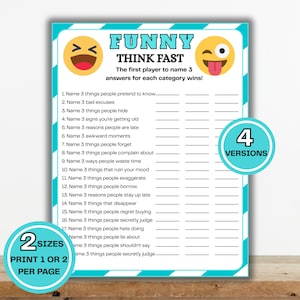 Puede incluir: Una hoja de juego imprimible titulada FUNNY THINK FAST con dos iconos de emoji amarillos en la parte superior. La lista incluye 17 indicaciones numeradas para nombrar tres elementos por categoría. Dos insignias circulares verde azulado indican 4 VERSIONS y 2 SIZES.