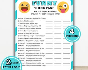 Grappig denk snel-spel, afdrukbaar gezelschapsspel voor volwassenen, familiereüniespel, verjaardagsspel, teambuildingspel, leuk groepsspel, spellen voor senioren