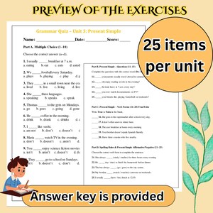 Puede incluir: Una hoja de trabajo de prueba de gram&aacute;tica con el t&iacute;tulo "Vista previa de los ejercicios" y "Prueba de gram&aacute;tica - Unidad 3: Presente simple". La hoja de trabajo incluye preguntas de opci&oacute;n m&uacute;ltiple, preguntas de verdadero/falso y ejercicios de completar oraciones. El texto "25 elementos por unidad" est&aacute; en un c&iacute;rculo.