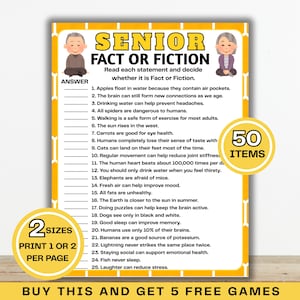 May include: A Senior Fact or Fiction game sheet with a yellow border, featuring illustrations of an elderly person on each side. The text lists 25 statements to evaluate, with a column for answers. Two yellow circular badges indicate 50 items and 2 sizes.