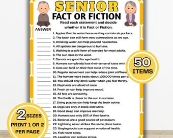 Senior Fact or Fiction Game, Trivia for Seniors, Brain Games, Printable Party Activity (PDF)
