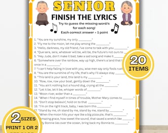 Finish the Lyrics Game for Seniors, Printable Song Trivia Quiz, Memory Game, Senior Party Games