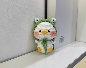 Crochet Duck Keychain: Handmade Cotton Amigurumi with Frog Hat